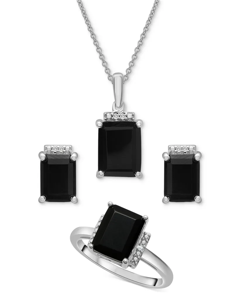 3-Pc. Set Onyx & Diamond Accent Pendant Necklace, Ring and Stud Earrings in Sterling Silver