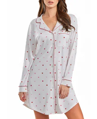 iCollection Kyley Plus Heart Print Button Down Sleep Shirt with Contrast Red Trim - White