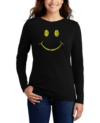 La Pop Art Women's Be Happy Smiley Face Word Long Sleeve T-shirt