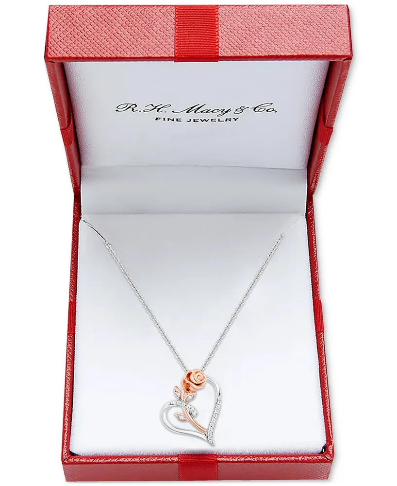 Enchanted Disney Fine Jewelry Diamond Belle Rose Heart Pendant Necklace (1/10 ct. t.w.) in Sterling Silver & 14k Rose Gold, 16" + 2" extender