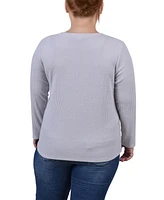 Ny Collection Plus Size Long Sleeve Ribbed Button Detail Top