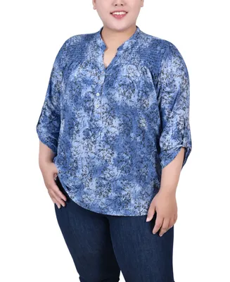 Ny Collection Plus Size 3/4 Roll Tab Sleeve Smocked-Yoke Top