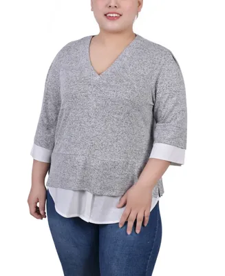 Ny Collection Plus Size Long Sleeve 2-In 1 Top