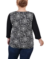 Ny Collection Plus 3/4 Sleeve Puff Print Cutout Top