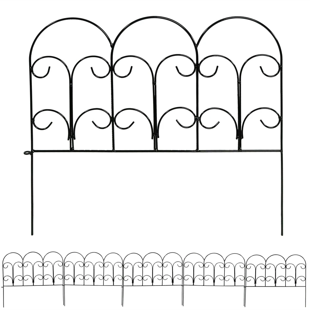 Victorian 7.5' Set of 5 Decorative Garden Fence Panels - Iron Border Fence - 18" W x 16" H Per Piece - Black