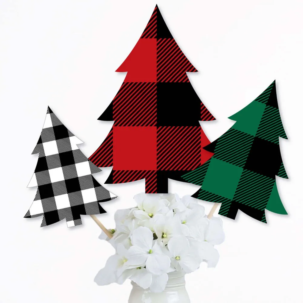 Holiday Plaid Trees - Buffalo Plaid Christmas Centerpiece Table Toppers - 15 Ct
