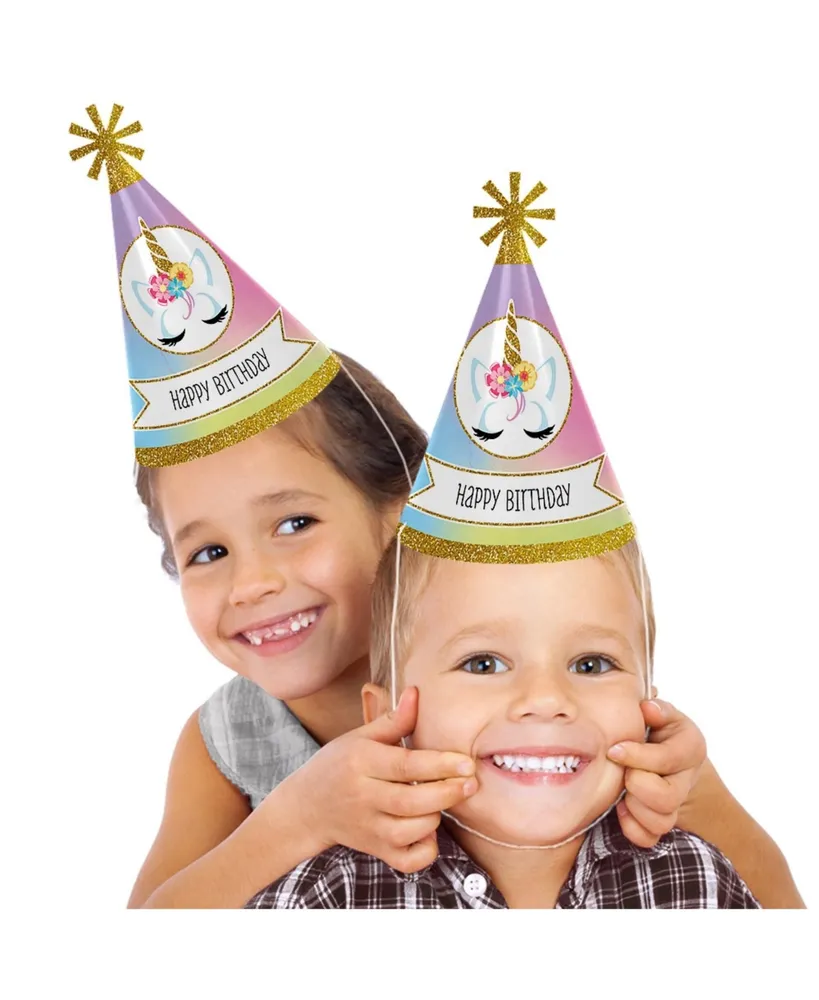 Rainbow Unicorn - Cone Magical Unicorn Happy Birthday Party Hats - Set of 8