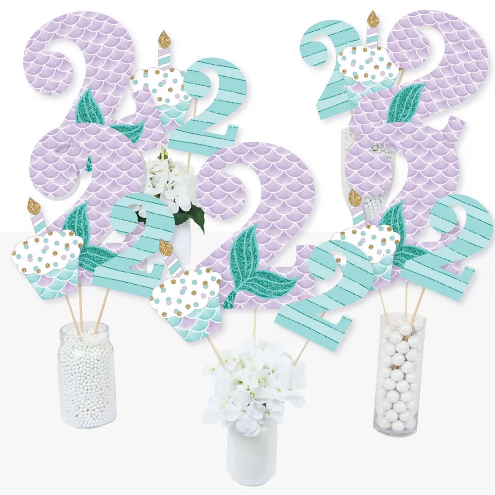2nd Birthday Let's Be Mermaids - Centerpiece Sticks - Table Toppers - Set of 15
