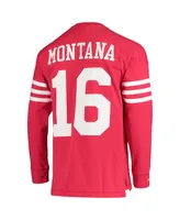 Men's Mitchell & Ness Joe Montana Scarlet San Francisco 49ers Throwback Retired Player Name and Number Long Sleeve Top