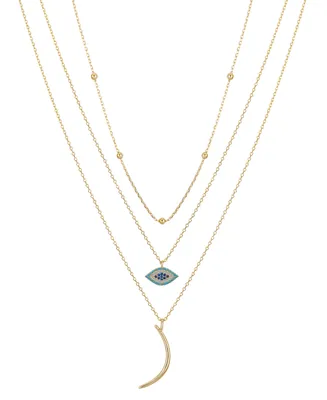 Unwritten 14K Gold Flash Plated Brass Cubic Zirconia Evil Eye Beaded Moon Layered Necklace Trio with Extenders Set, 3 Piece