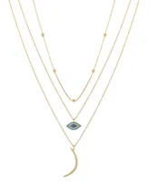 Unwritten 14K Gold Flash Plated Brass Cubic Zirconia Evil Eye Beaded Moon Layered Necklace Trio with Extenders Set, 3 Piece