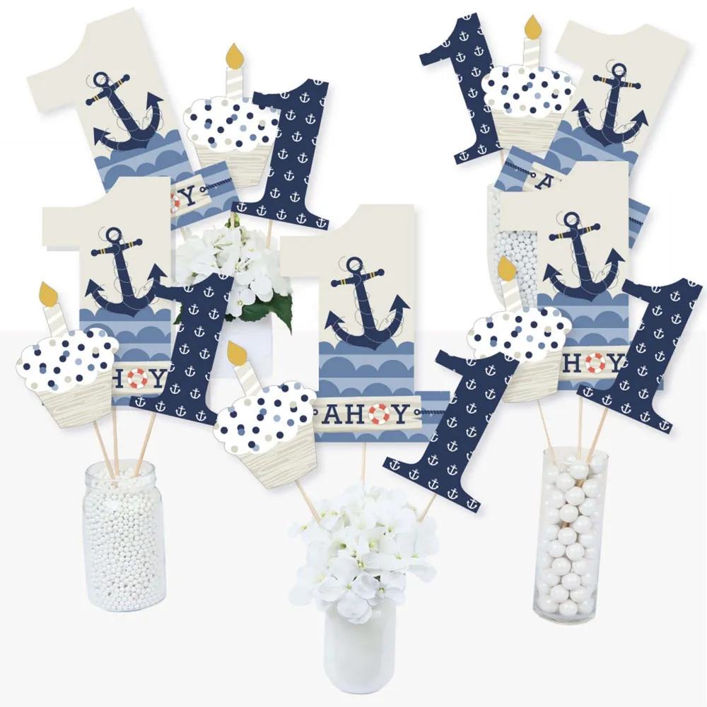 Big Dot Of Happiness 1st Birthday Ahoy - Nautical - Centerpiece Sticks -  Table Toppers - Set of 15