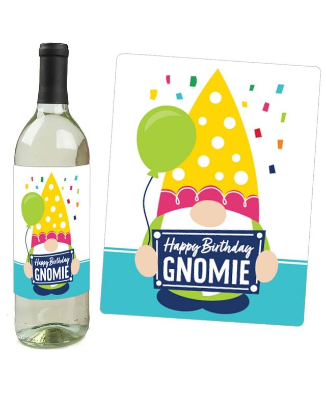Gnome Birthday - Party Decor - Wine Bottle Label Stickers - 4 Ct - Assorted Pre