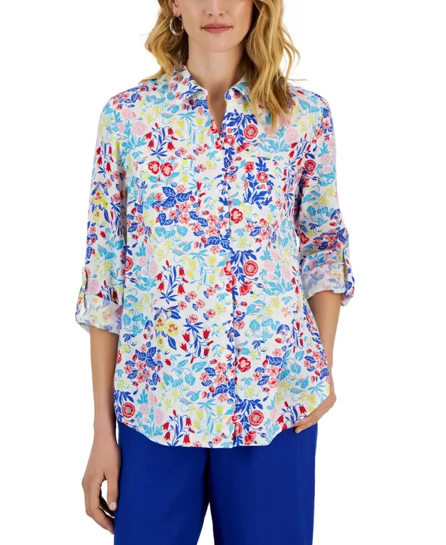 Charter Club Petite Linen Embroidered-Sleeve Top, Created for