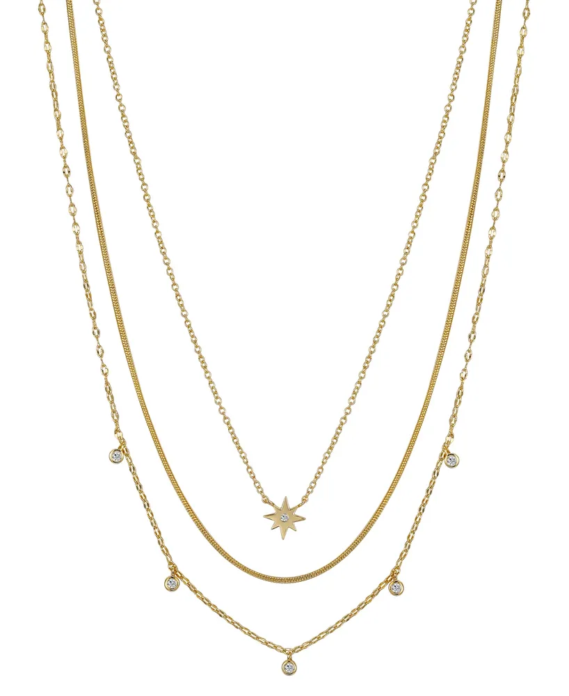 Unwritten 14K Gold Flash Plated Brass Cubic Zirconia Star And Bezel Layered Necklace Trio with Extenders Set, 3 Piece