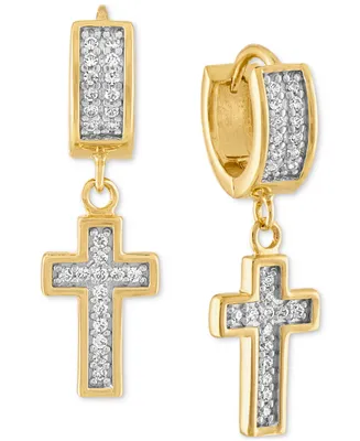 Esquire Men's Jewelry Cubic Zirconia Cross Dangle Huggie Hoop Earrings in 14k Gold-Plated Sterling Silver, Created for Macy's
