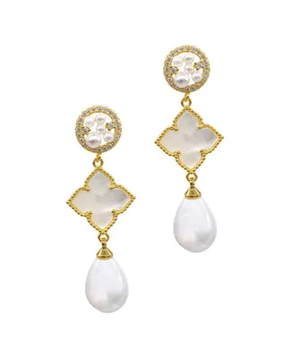Adornia 14K Gold-Tone Plated Mother of Pearl Flower, Cultivated Freshwater Pearl Drop and Dangle Earrings