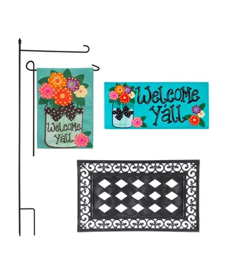 Evergreen Indoor Outdoor Welcome Y'all Bundle Set of 4 - Garden Flag stand and Flag, Sassafras Doormat Frame and Sassafras Insert