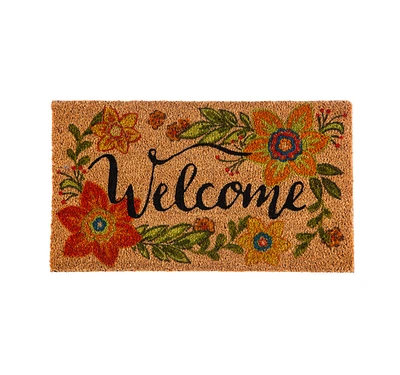 Evergreen ful Floral Welcome Indoor Outdoor Natural Coir Doormat 1'4"x2'4" Orange