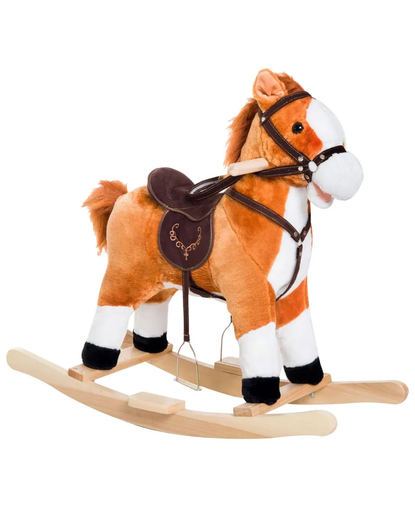 Qaba Kids Rocking Horse Plush Ride on Toy Moving Tail Child Rocker w/Sound