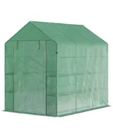 Outsunny 7' x 5' x 6' Outdoor Walk In Greenhouse, Pe Cover, Shelves, Door Green