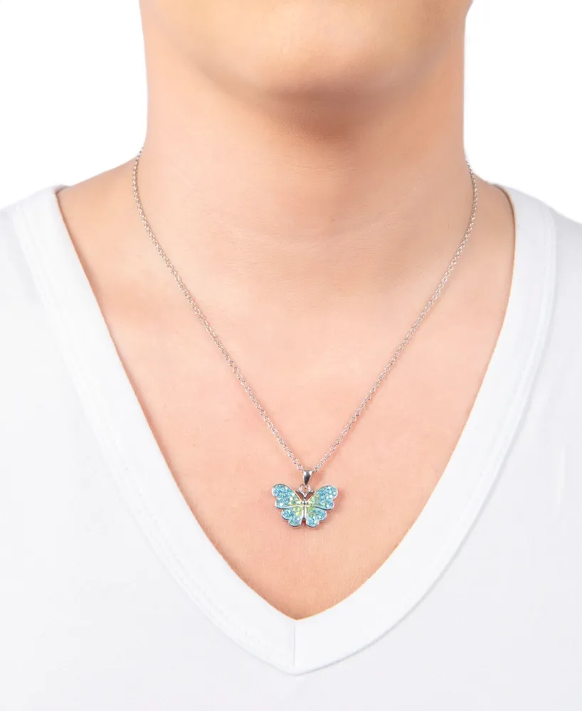 Macy's Blue and Green Crystal Butterfly Necklace (59/100 ct. t.w.) in Fine Silver Plated Brass