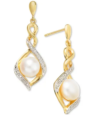 Cultured Freshwater Pearl (7 mm) & Cubic Zirconia Twist Drop Earrings in 14k Two-Tone Gold-Plated Sterling Silver