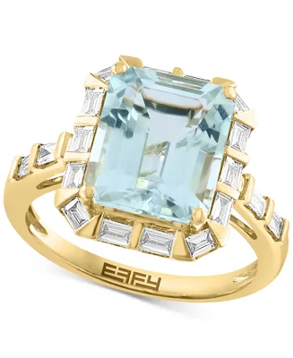 Effy Aquamarine (3-7/8 ct. t.w.) & Diamond (1/2 ct. t.w.) Baguette Halo Ring in 14k Gold