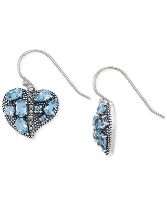 Blue Topaz (2-1/2 ct. t.w.) & Marcasite Heart Drop Earrings in Sterling Silver