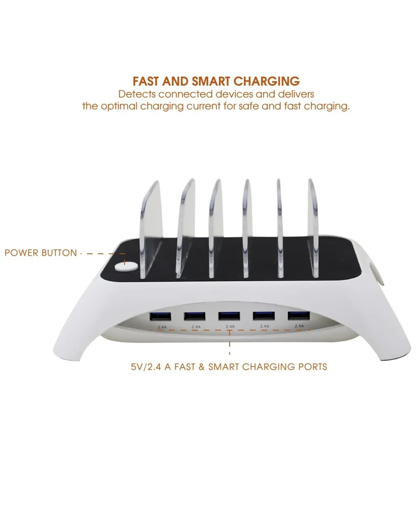 Trexonic 12A 5-Port Usb Charging Station with 5 Device Slots and Power Button, White