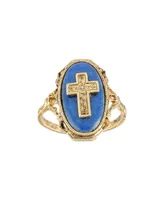 Symbols of Faith Gold-Tone Cross Blue Enamel Oval Ring