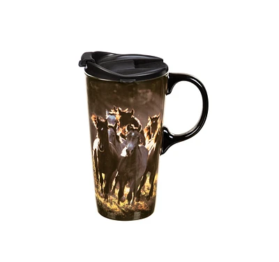 Evergreen Ceramic Travel Cup, 17 Oz. ,w/box, Running Horses