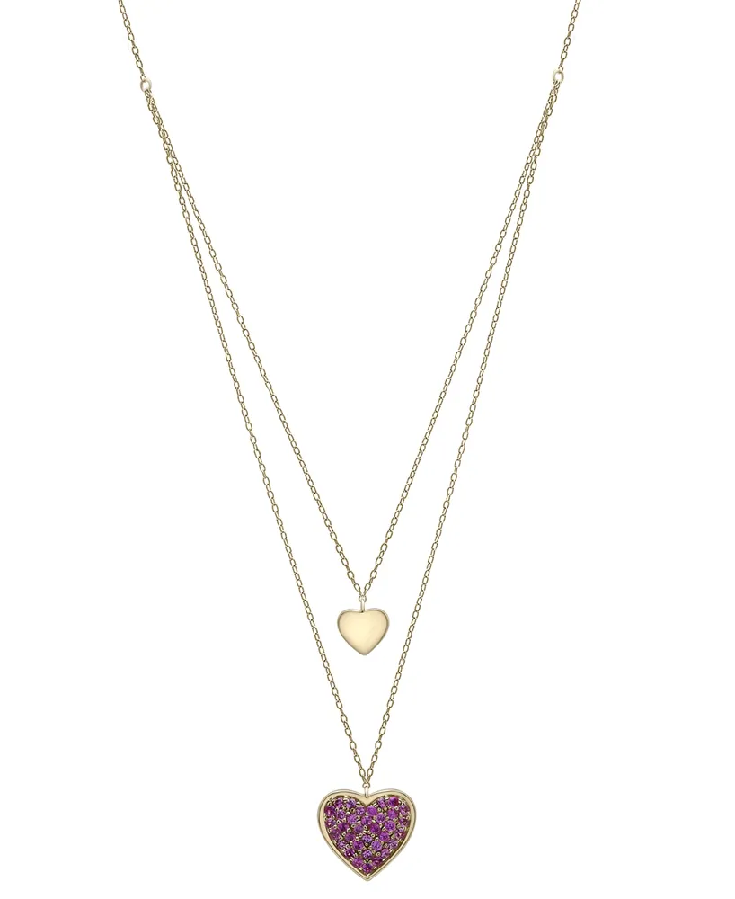 Lab-grown Pink Sapphire Two Heart 17" Layered Pendant Necklace (7/8 ct. t.w.) in 14k Gold-Plated Sterling Silver