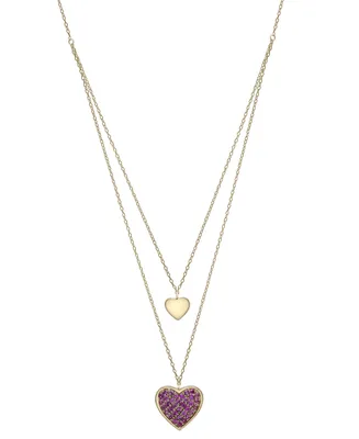 Lab-grown Pink Sapphire Two Heart 17" Layered Pendant Necklace (7/8 ct. t.w.) in 14k Gold-Plated Sterling Silver