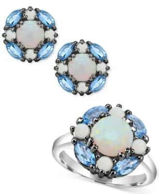 Lab Grown Opal Swiss Blue Topaz Cluster Ring Earrings Jewelry Collection In Sterling Silver