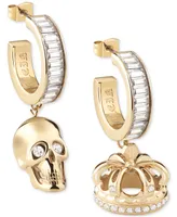 Philipp Plein Gold-Tone Ip Stainless Steel Pave 3D $kull & Crown Mismatch Charm Baguette Crystal Hoop Earrings