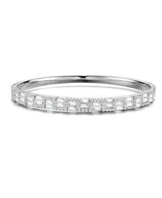 Genevive Sterling Silver with Rhodium Plated Clear Round and Emerald Cubic Zirconia Two-Row Accent Bangle Bracelet