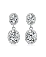 Genevive Sterling Silver with Rhodium Plated Two Clear Oval with Round Cubic Zirconia Halo Drop Earrings