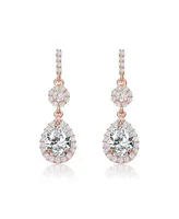 Genevive Sterling Silver with Rose Gold Plated Clear Pear with Round Cubic Zirconia Halo and Cluster Accent Drop Earrings