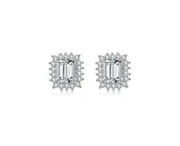 Genevive Sterling Silver with Rhodium Plated Clear Emerald and Round Cubic Zirconia Halo Stud Earrings