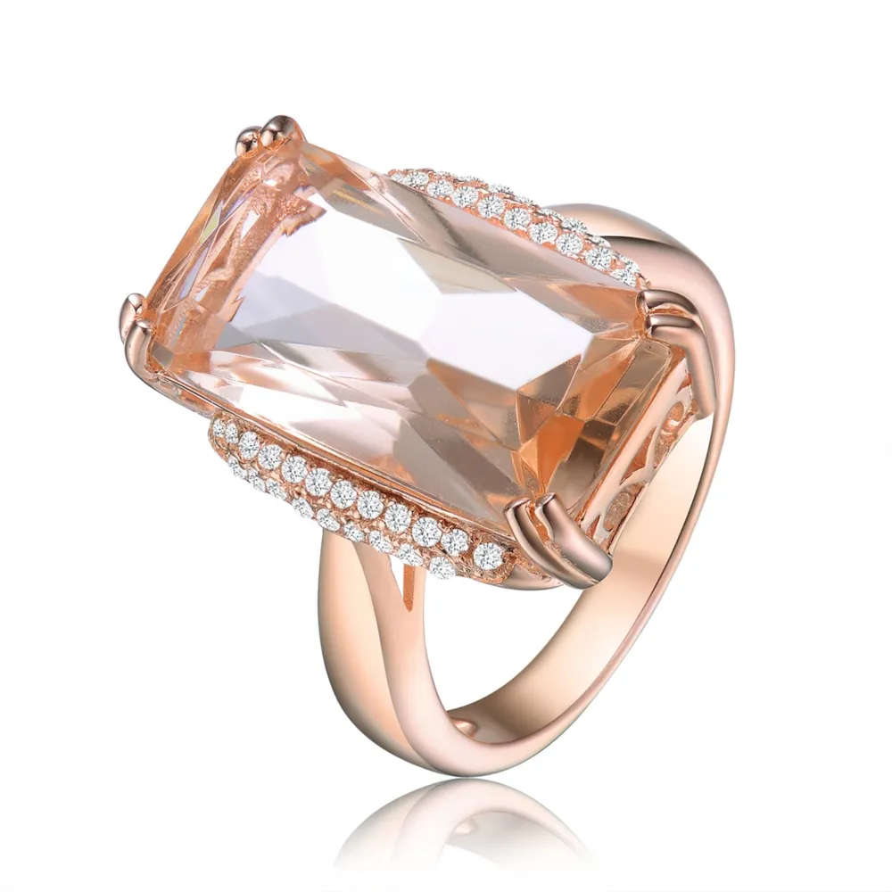 Genevive Sterling Silver with Rose Gold Plated Champagne Radiant Cubic Zirconia Solitaire Accented with Clear Round Cubic Zirconias Cocktail Ring