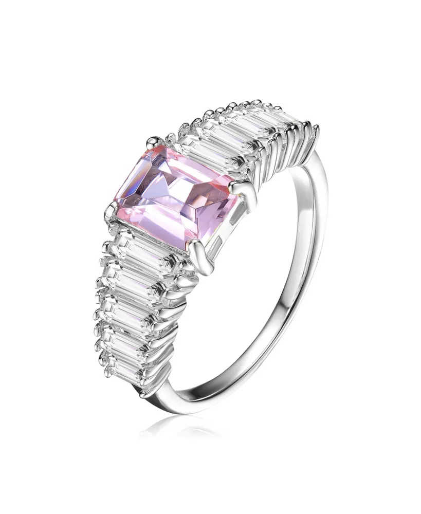 Genevive Sterling Silver with Rhodium Plated Pink Asscher Cubic Zirconia with Green Cubic Zirconias Cluster Ring