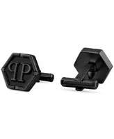 Philipp Plein Stainless Steel Logo Black Hexagon Cuff Links