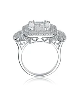 Genevive Sterling Silver White Gold Plated Clear Baguette and Round Cubic Zirconia's Double Halo Clustered Cocktail Ring