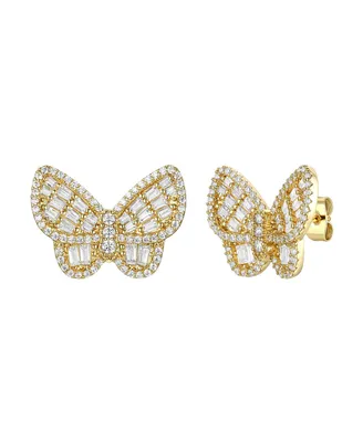 Rachel Glauber 14k Gold Plated Sterling Silver with Cubic Zirconia Clusters Butterfly Stud Earrings