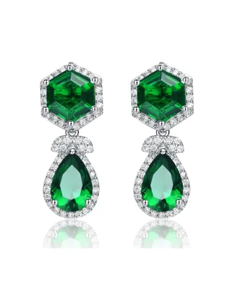 Vintage Rhodium-Plated Halo Earrings in Sterling Silver with Green & Cubic Zirconia