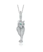 Genevive Sterling Silver Rhodium Plated Emerald Cubic Zirconia "Cheetah" Spring Ring Pendant