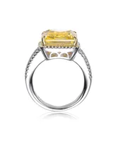 Genevive Sterling Silver White Gold Plated Yellow Ascher with Clear Round Cubic Zirconia Triple Pave Ring