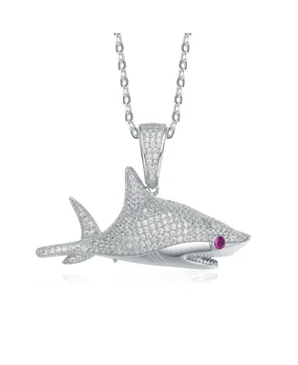 Genevive Rhodium-Plated with Ruby & Cubic ZIrconia Ice Out Shark Pendant Necklace in Sterling Silver