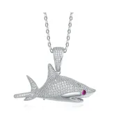 Rhodium-Plated with Red & Cubic ZIrconia Ice Out Shark Pendant Necklace in Sterling Silver